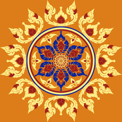 Thai Folk art design pattern Classic Damask Seamless Vector Illustration Elegant Vintage Floral carpet Luxury cloth Home Decoration green red yellow orange blue Fabric print