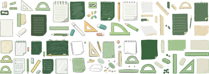 A collection of green-themed stationery items including notebooks, rulers, and pens.