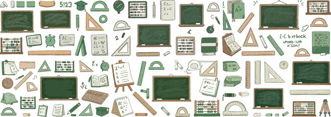A vibrant collection of school-related items, including chalkboards, rulers, and mathematical tools.