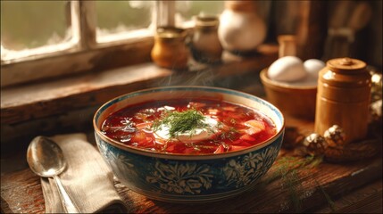 Traditional borscht soup with sour cream and fresh dill in rustic ceramic bowl on wooden table with authentic ingredients