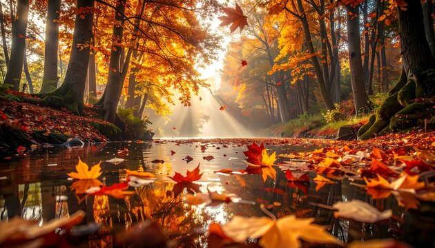 A serene autumn scene with a stream reflecting the fall foliage. Sunlight filters through trees, leaves falling