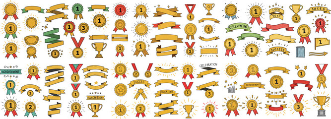 A vibrant collection of gold medals, trophies, and ribbons celebrating achievements and success.