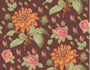 Seamless pattern. Beautiful pink blooming realistic isolated flowers. Vintage background. Set Dahlia wildflowers. Wallpaper. Drawing engraving. Vector Roses Illustration