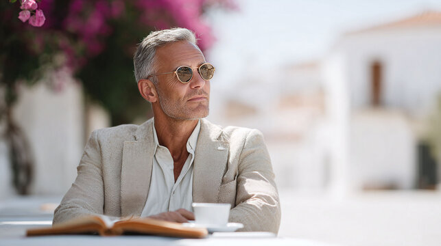 Stylish mature man with sunglasses gazes thoughtfully at something out of frame. Could be used to represent retirement, wealth, success, travel, or aspiration.
