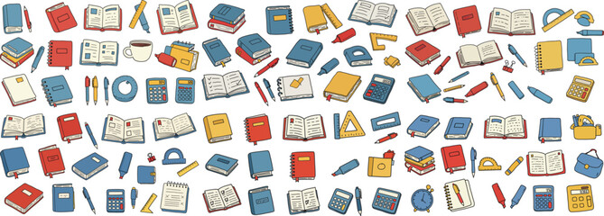 Colorful collection of various books and stationery items arranged in a visually engaging pattern.