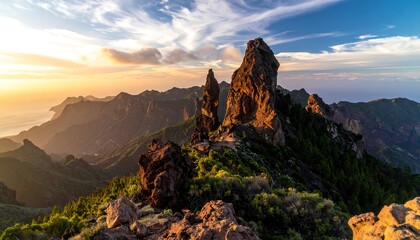 Majestic mountain peaks pierce the sky at sunset, bathed in golden light with distant ocean view