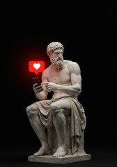 Ancient marble statue of a seated philosopher looking at a phone with a glowing red social media heart