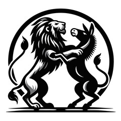 Illustration of a lion and a donkey facing each other in a fighting stance inside a circular border design