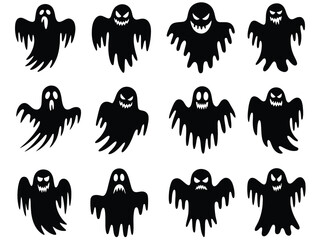 Collection of 16 spooky silhouette ghost illustrations scalable vector graphics eps file silhouette vector illustration white background