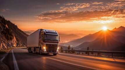 Commercial truck driving on mountain highway at spectacular sunset with dramatic orange sky and mountain silhouettes