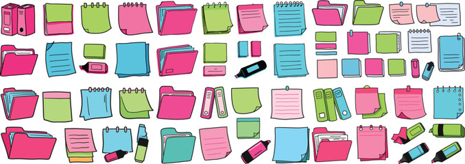 Colorful collection of stationery items including folders, sticky notes, and notepads.