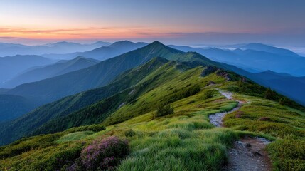 Majestic Mountain Landscape at Sunrise with Vivid Colors and Serene Pathway in Nature's Embrace