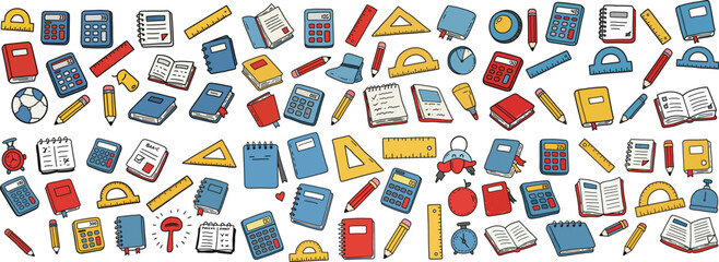 A colorful assortment of school supplies and learning tools in a whimsical design.