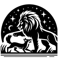 Illustration of a lion standing over a fox under a starry sky with a crescent moon design art work