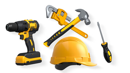 Various construction tools including wrench, hammer, pliers, and helmet isolated on white background with clipping path