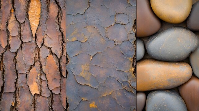 Triptych of natural textures bark, stone, and pebbles nature close-up