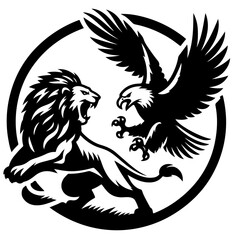 Illustration of a roaring lion facing an eagle with spread wings inside of a circular border design