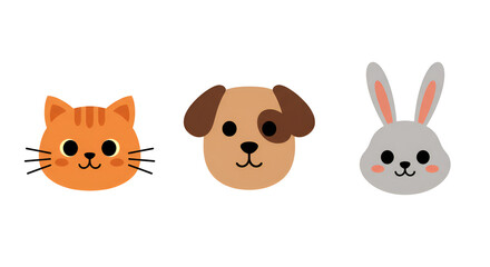 Cute Cartoon Animal Faces: Cat, Dog, and Rabbit Illustration Set