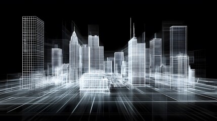 Abstract wireframe city futuristic skyline in monochrome design on black background