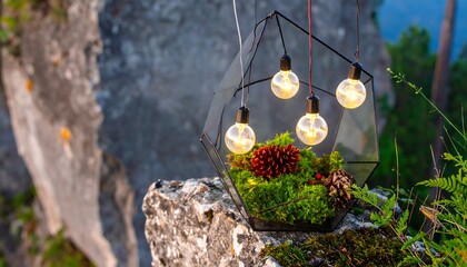 Terrarium with Lights on Rocky Surface Outdoors for Decoration