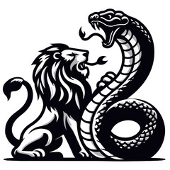 Illustration of a lion facing a cobra with open mouth in a black and white color scheme design style