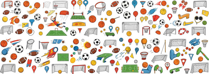 Colorful sports icons including footballs, basketballs, and goals on a vibrant background.