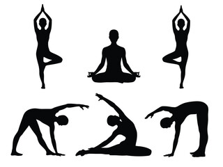 Fototapeta premium Scalable vector illustration set of diverse yoga poses for health and wellness eps format silhouette vector illustration white background