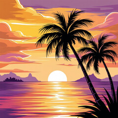 A breathtaking tropical island sunset illustration