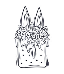 Easter cake with white icing, decorated with flowers and leaves. Traditional Easter baking. Element for poster, flyer, postcard, cover, advertising design. Vector illustration in doodle style