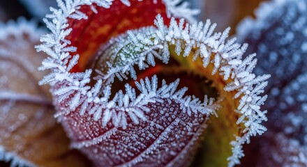Beautiful detailed macro close-up of a vibrant red autumn leaf covered in delicate sparkling hoarfrost, capturing the cold beauty of winter's arrival