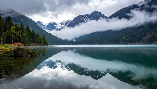 A serene lake reflecting snow-capped peaks and verdant forests under a cloudy sky, creating a tranquil and captivating landscape