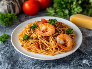 Delicious spaghetti bolognese with shrimp and parsley garnish served on a plate