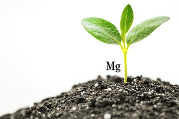 Young plant seedling growing from soil with Mg symbol representing magnesium nutrient, Generative AI.
