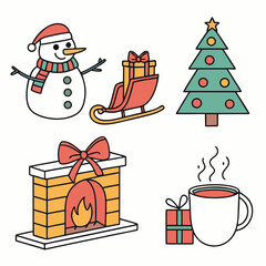 Collection of cute and colorful christmas icons including a snowman sleigh tree fireplace and hot drink