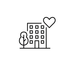 Apartment building, tree and heart. Community living, property and real estate services. Pixel perfect, editable stroke vector icon
