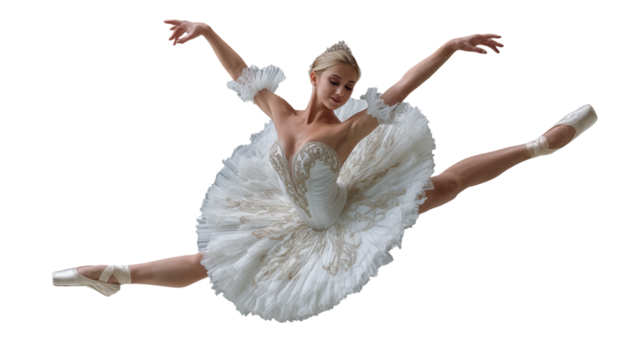 Elegant ballerina in white costume performing split jump transparent background