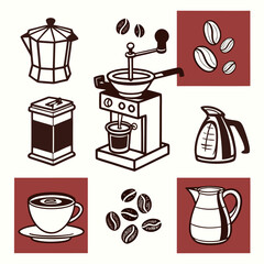 Collection of hand drawn coffee making equipment and ingredients including a moka pot coffee grinder and coffee beans