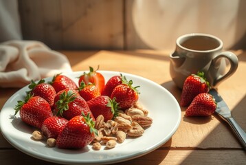 A delightful arrangement of fresh strawberries and mixed nuts on a white plate, complemented by a cup of coffee in a sunlit setting.