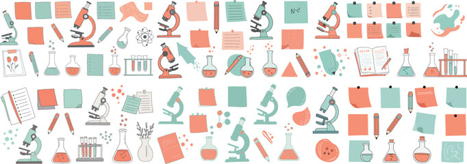 Colorful scientific illustrations featuring microscopes, lab equipment, and notes.