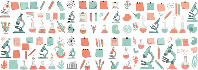 Colorful science-themed illustrations featuring microscopes, lab equipment, and notes.