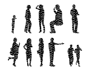 Vector illustration, Outline silhouettes of people, Contour drawing, people silhouette, Icon Set Isolated , Silhouette of sitting people, Architectural set