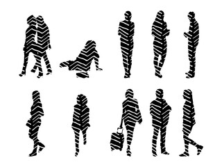 Vector illustration, Outline silhouettes of people, Contour drawing, people silhouette, Icon Set Isolated , Silhouette of sitting people, Architectural set