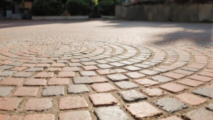 Low angle view of a rustic cobblestone patio with a circular pattern.
