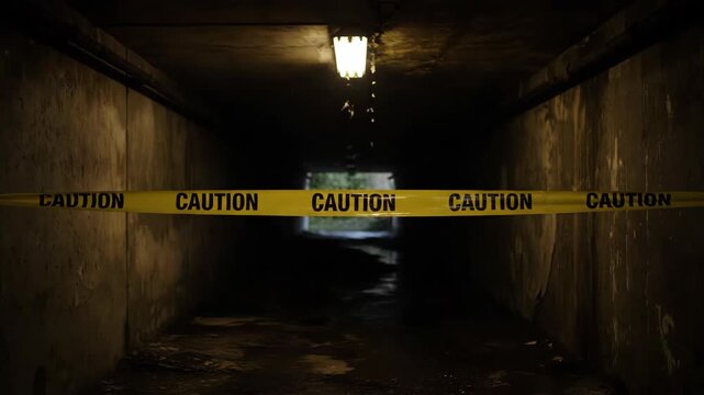 Caution Tape Blocks Entrance to Dark Underpass at Night Near Water Leak