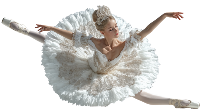 Elegant ballerina in white costume performing split jump transparent background