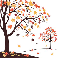 Stylized autumn trees with falling maple leaves in warm fall colors on a white background