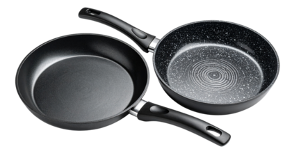  Dual cookware set featuring modern and classic frying pans with handles, isolated on transparent background