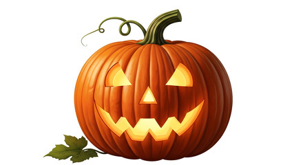 Isolated on white background, a jackolantern with a smiling face, carved for halloween, a symbol of autumn and spooky celebration