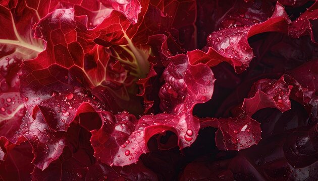 Close Up of Vibrant Red Leaf Lettuce with Water Droplets, Macro Photography Displaying Rich Texture and Organic Detail - Powered by Adobe