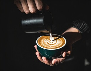 Pouring Latte Art Milk into Green Mug